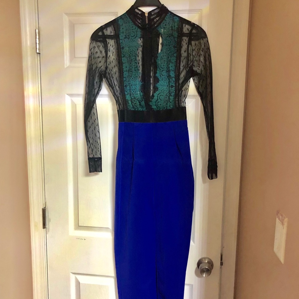 BLUE GREEN BLACK MIDI LACE DRESS W/SLIT SLEEVES 6